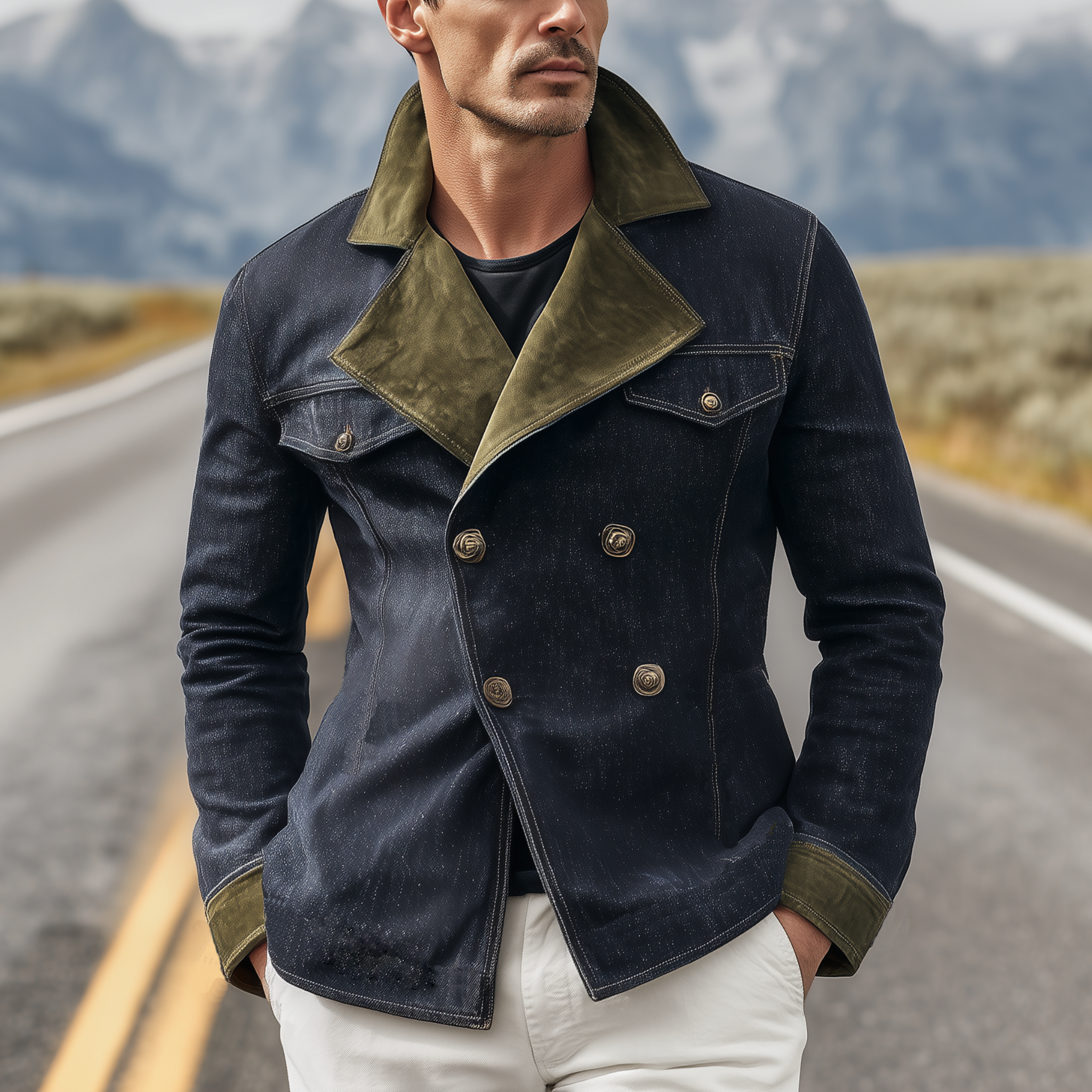 Men's Classic Western Vintage Suede Lapel Double Breasted Denim Jacket MTA0342I0K