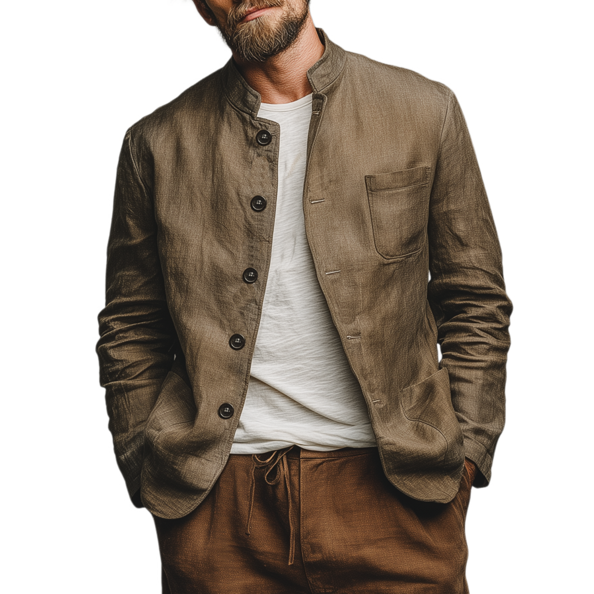 Men's Classic Casual Stand-up Collar Cotton And Linen Multi-pocket Thin Jacket MTA2596G7K