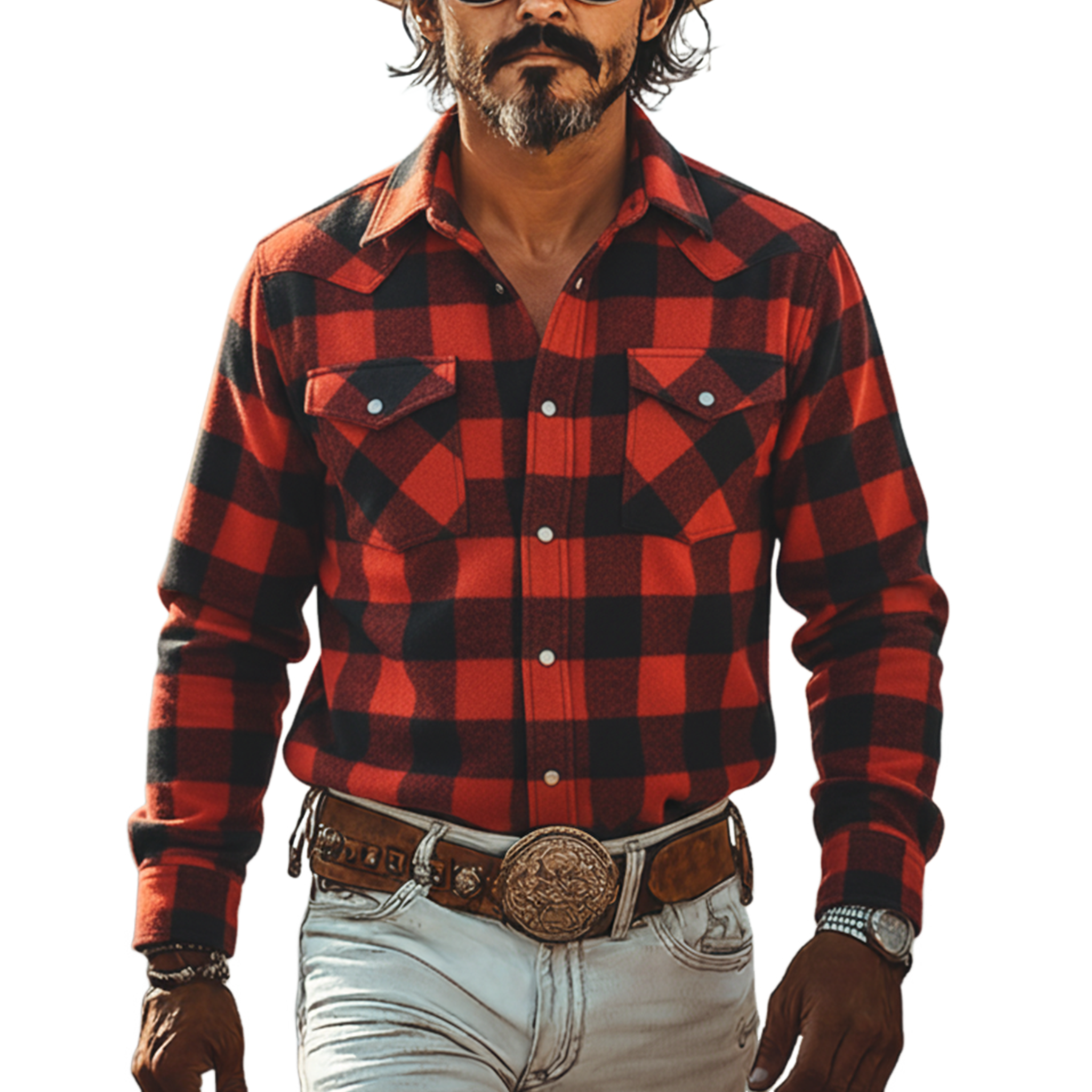 Men's Classic Western Tough Brushed Check Cotton Blend Pocket Long Sleeve Shirt MTA2131J9K