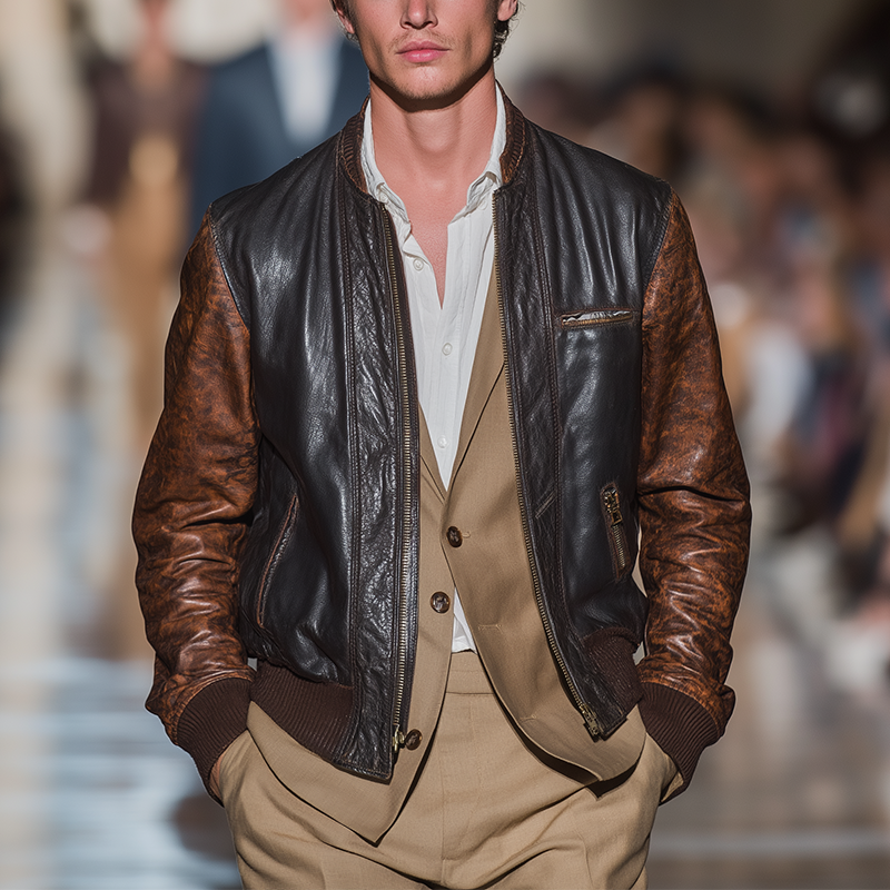 Men's Winter Fashion Contrast Color Stitching PU Leather Jacket MTA1418J2P