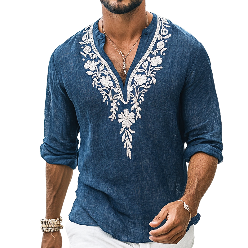 Men's Vintage Casual Embroidered Cotton and Linen Henley Collar Long Sleeve Shirt 39916816TO