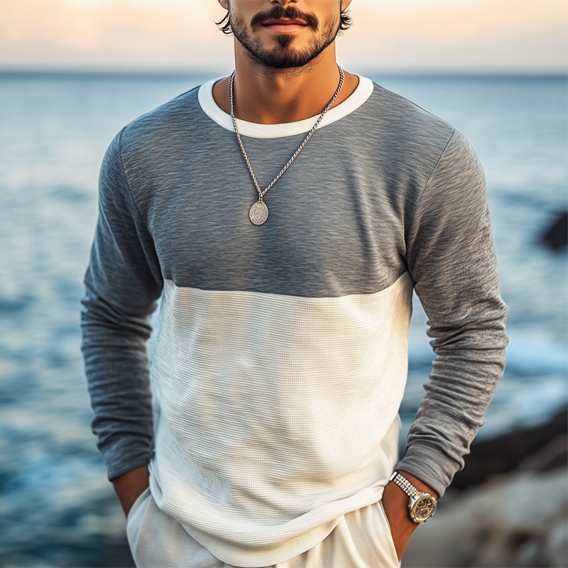 Men's Casual Colorblock Round Neck Textured Long-sleeved T-shirt MTA3058G8U