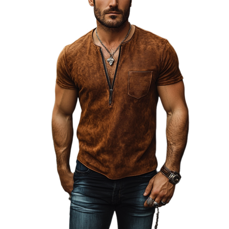 Men's Classic Casual Western Style V-Neck Slim Suede T-Shirt 17308272K