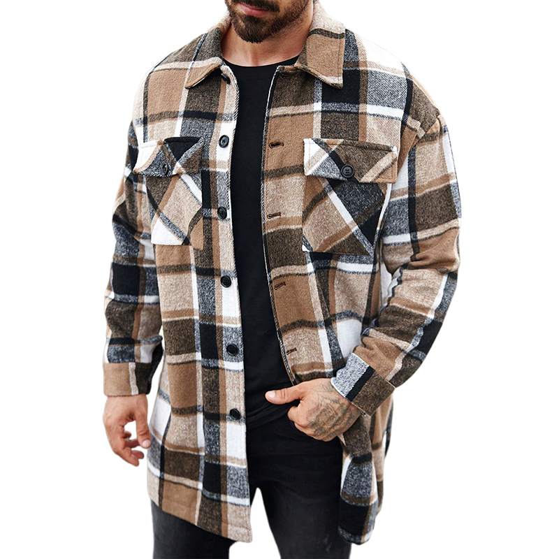 Men's Vintage Flannel Lapel Midi Long Sleeve Shirt MTA0991I8X