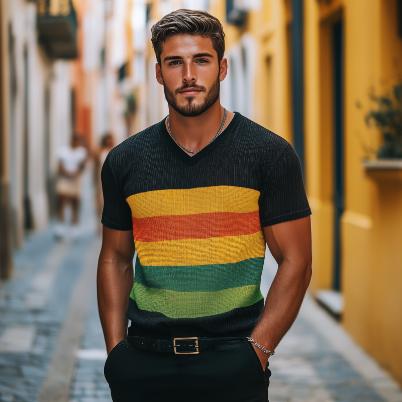 Men's Casual Colorful Striped Breathable V-neck Loose Knitted Short-sleeved T-shirt Sweater MTA2184G8M