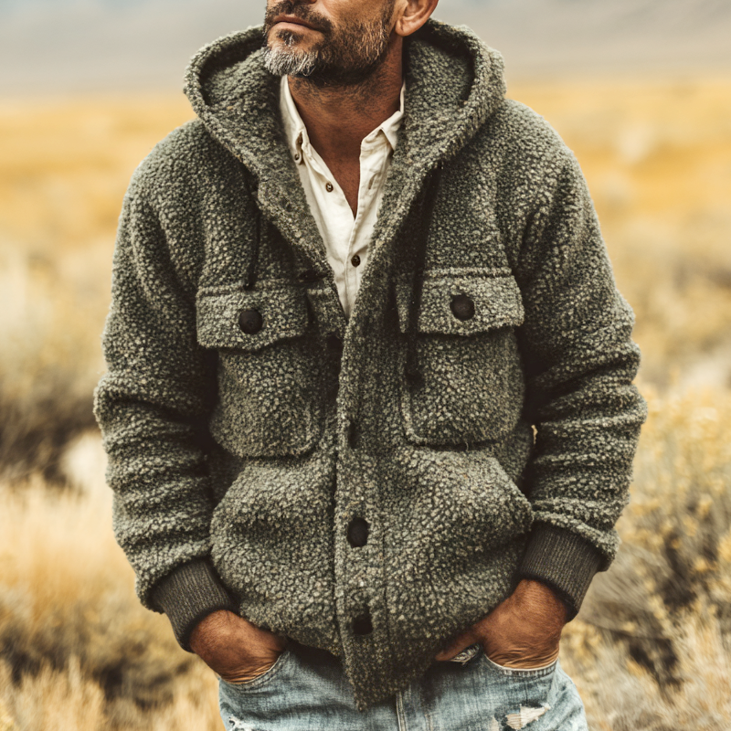 Men's Fleece Hooded Multi-pocket Single Breasted Casual Jacket MTA0152I7Z
