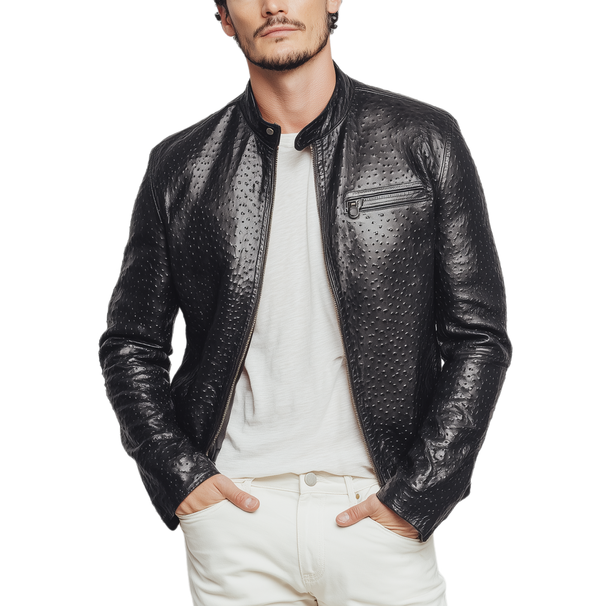 Men's Classic American Retro Stand Collar Textured PU Leather Slim Zipper Jacket MTA1647H3K
