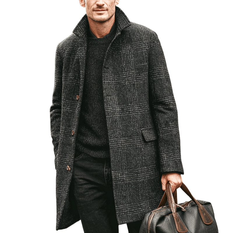 Men's Faux Wool Check Lapel Single Breasted Mid-length Coat MTA1067I2Z