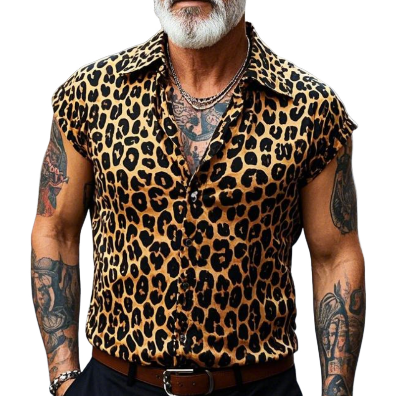 Men's Vintage Casual Lapel Cotton Blend Leopard Print Short Sleeve Shirt 56911046F