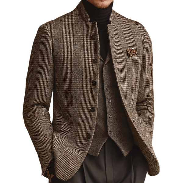 Men's Retro Casual Tweed Plaid Stand Collar Jacket  MTA1165K3TO
