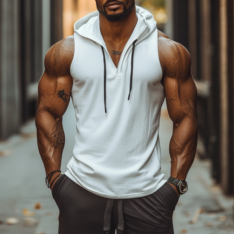 Men's Casual Soft Solid Color Cotton V-Neck Slim Fit Hooded Tank Top MTA2971D1M