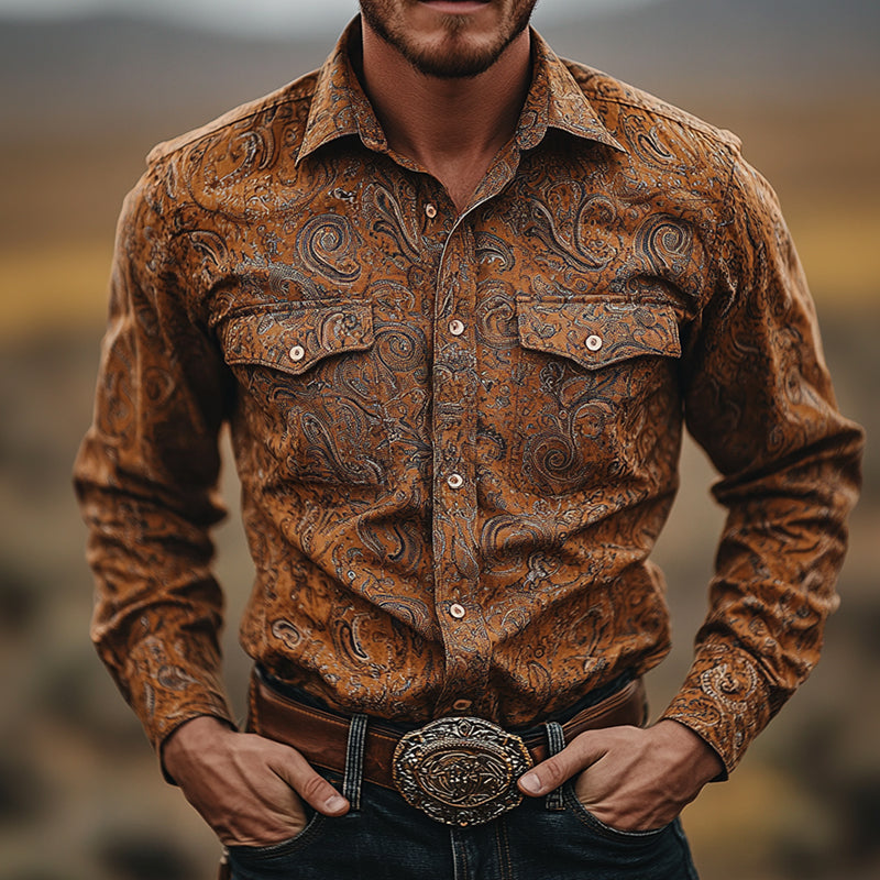 Men'S Vintage Western Perris Print Lapel Long Sleeve Shirt MTA0910E7TO