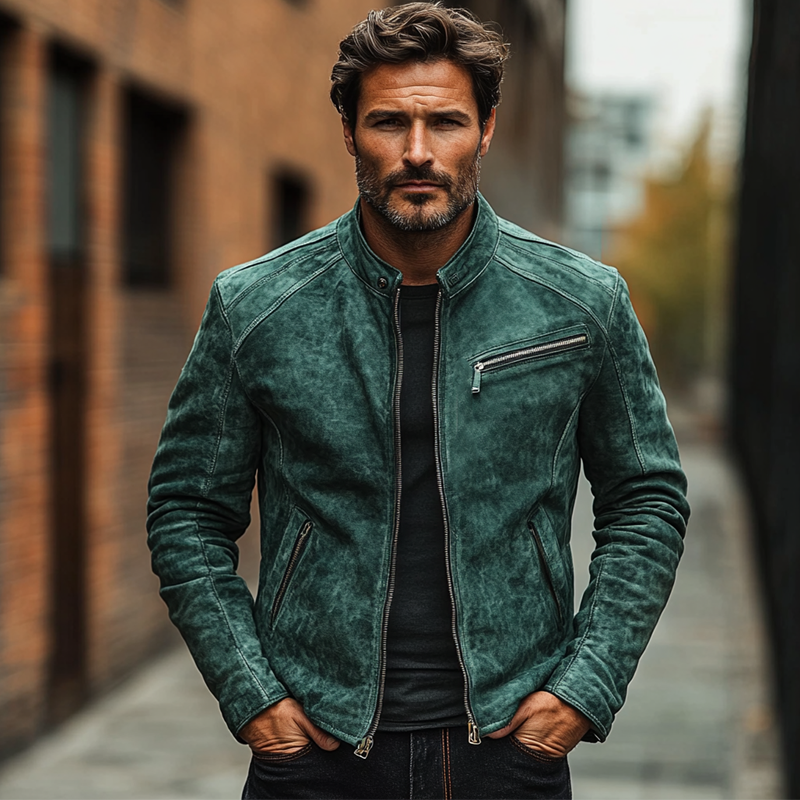 Men's Vintage Solid Color Faux Suede Multi-Zip Slim Fit Jacket MTA1885H3X