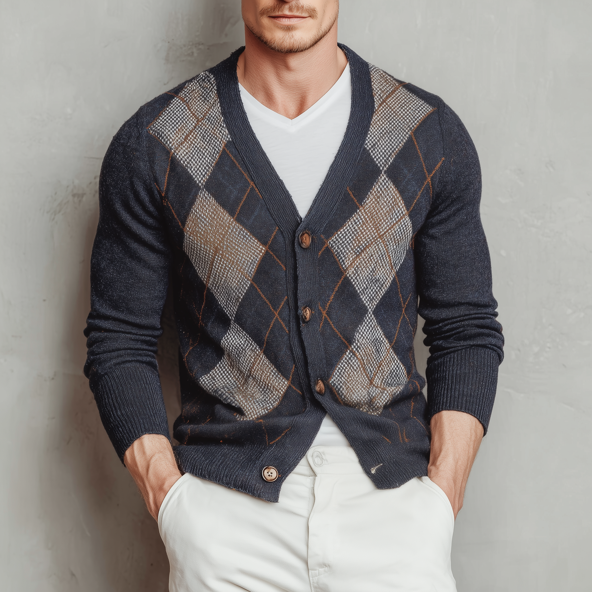Men's Classic Retro Diamond Check Slim Fit Knit Cardigan MTA2809G4K