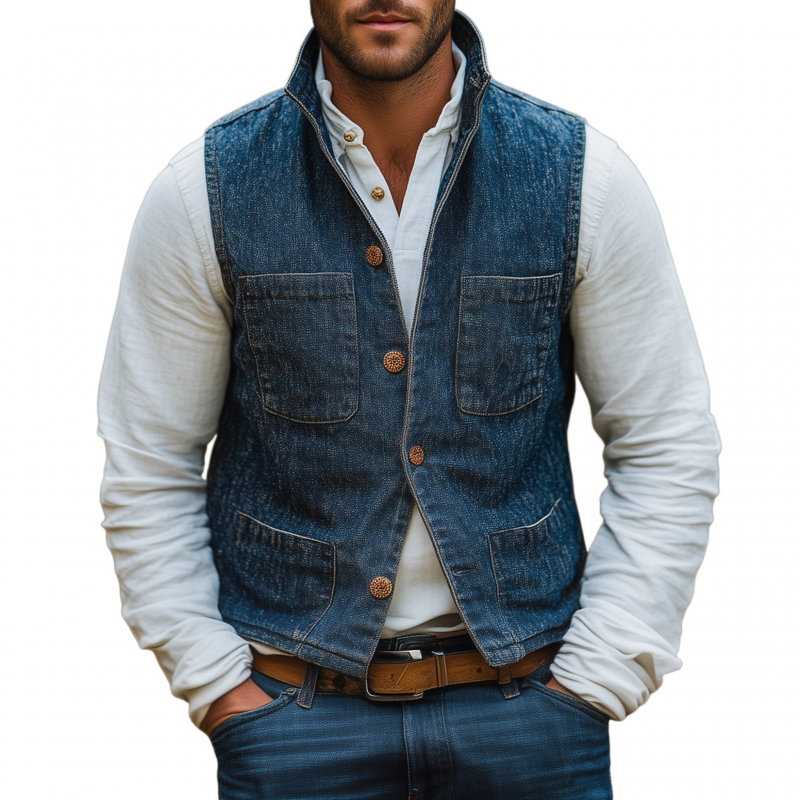 Men's Vintage Washed Stand Collar Single Breasted Multi-Pocket Slim Fit Denim Vest MTA2112G9M