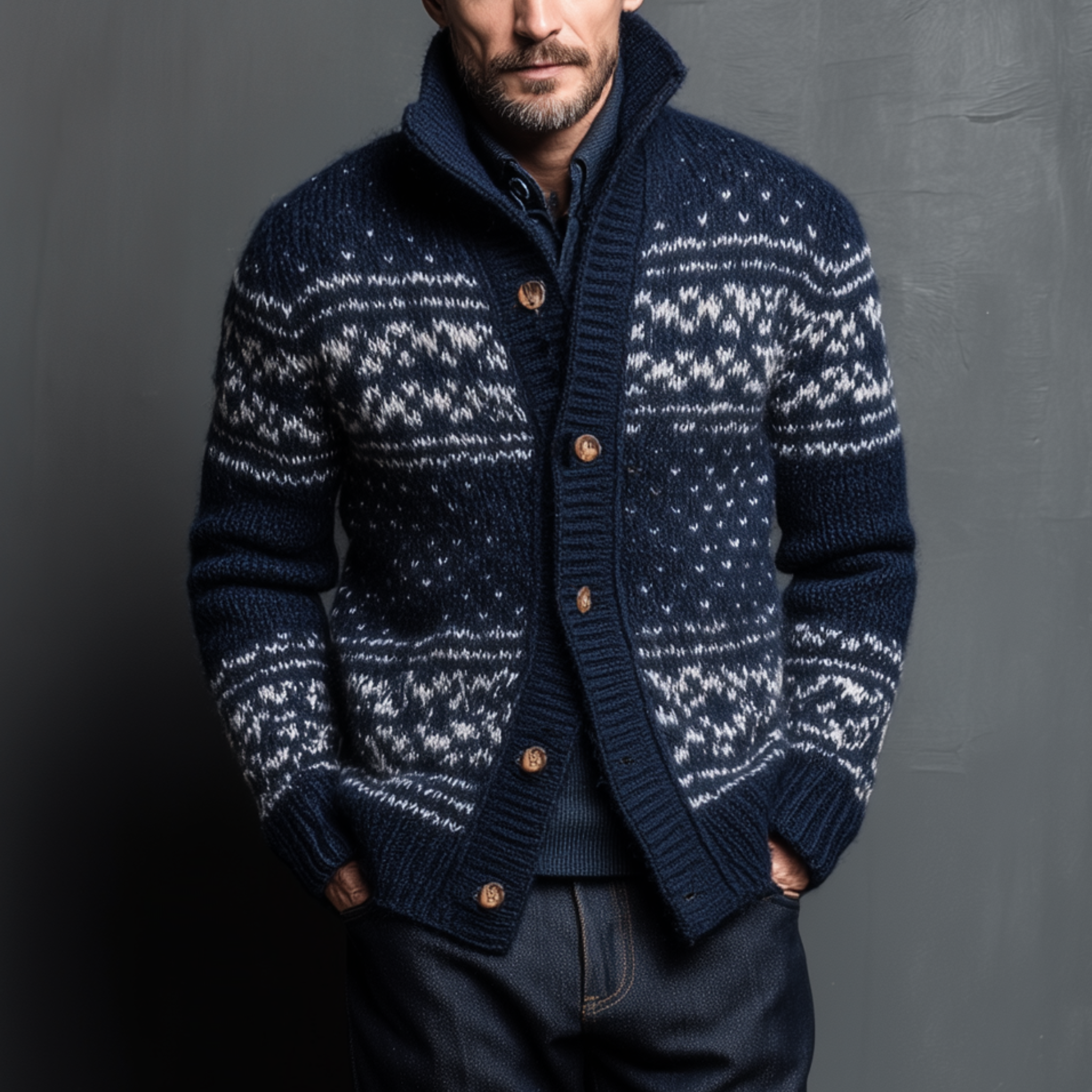 Men's Classic American Retro Stand Collar Jacquard Knit Cardigan MTA0404I2K
