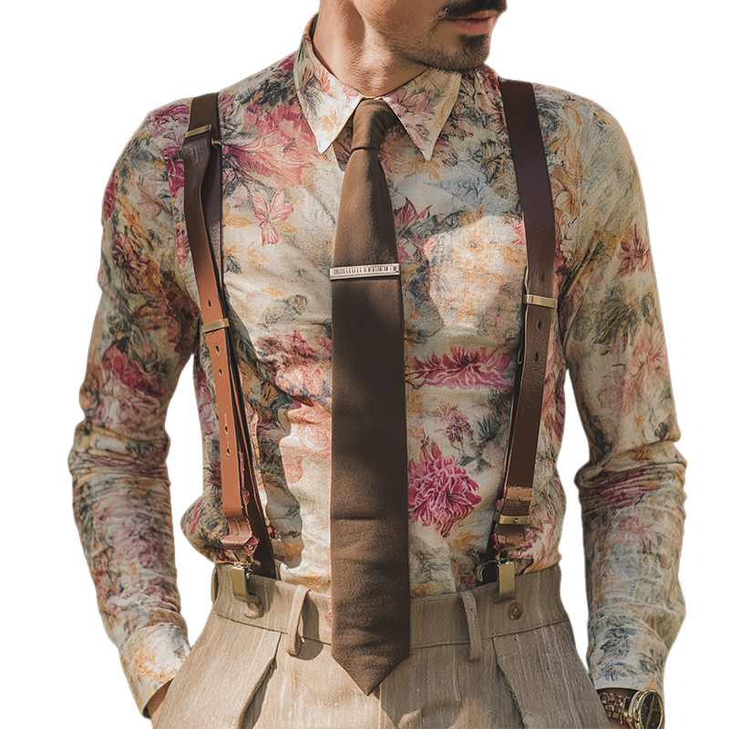 Men's Retro Casual Large Floral Print Lapel Long Sleeve Shirt MTA3192G0TO