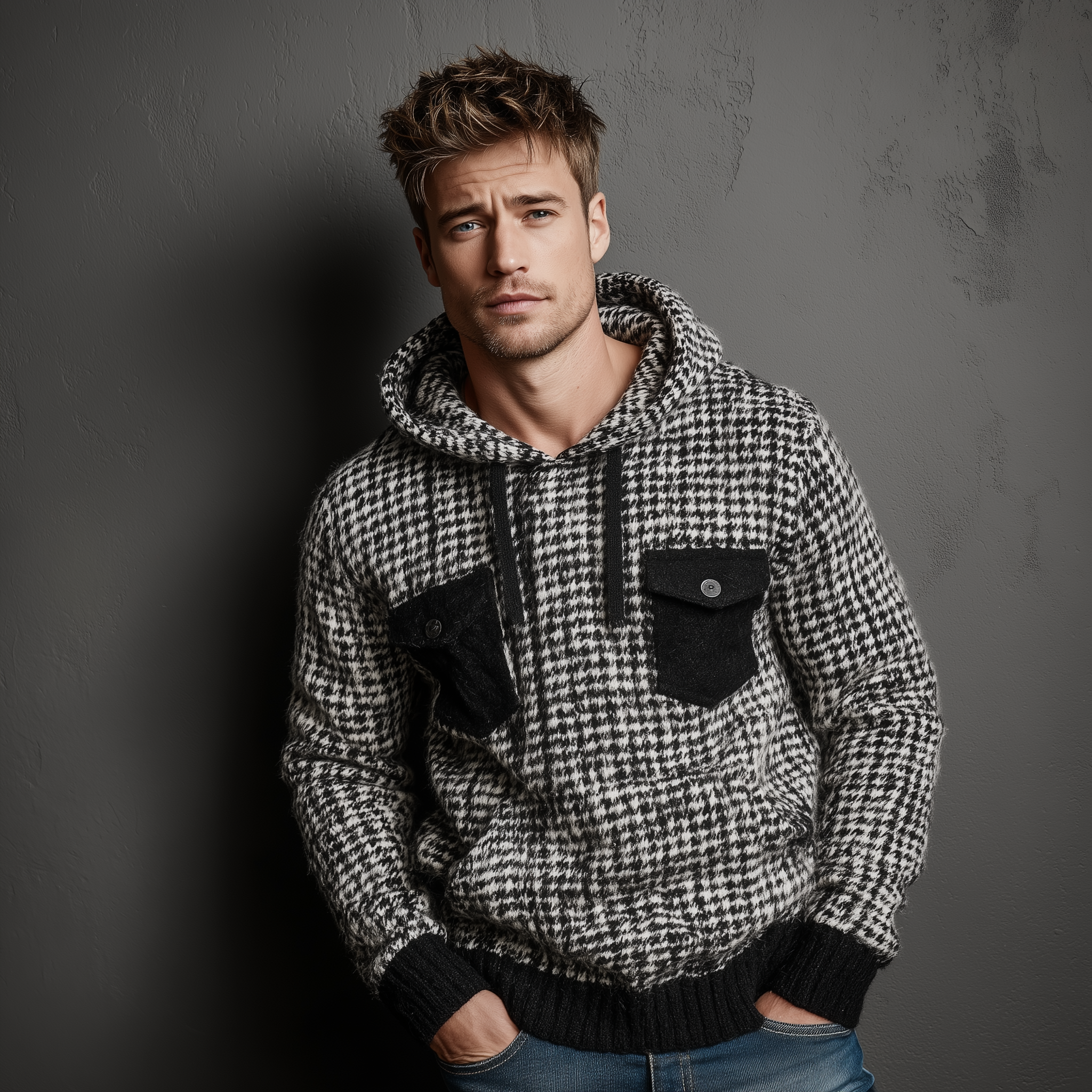 Men's Classic Casual Houndstooth Hooded Loose Sweater MTA1070J8K