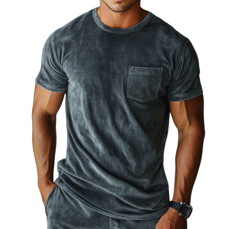 Men's Retro Casual Velvet Round Neck Pocket Short Sleeve T-Shirt 08172278TO