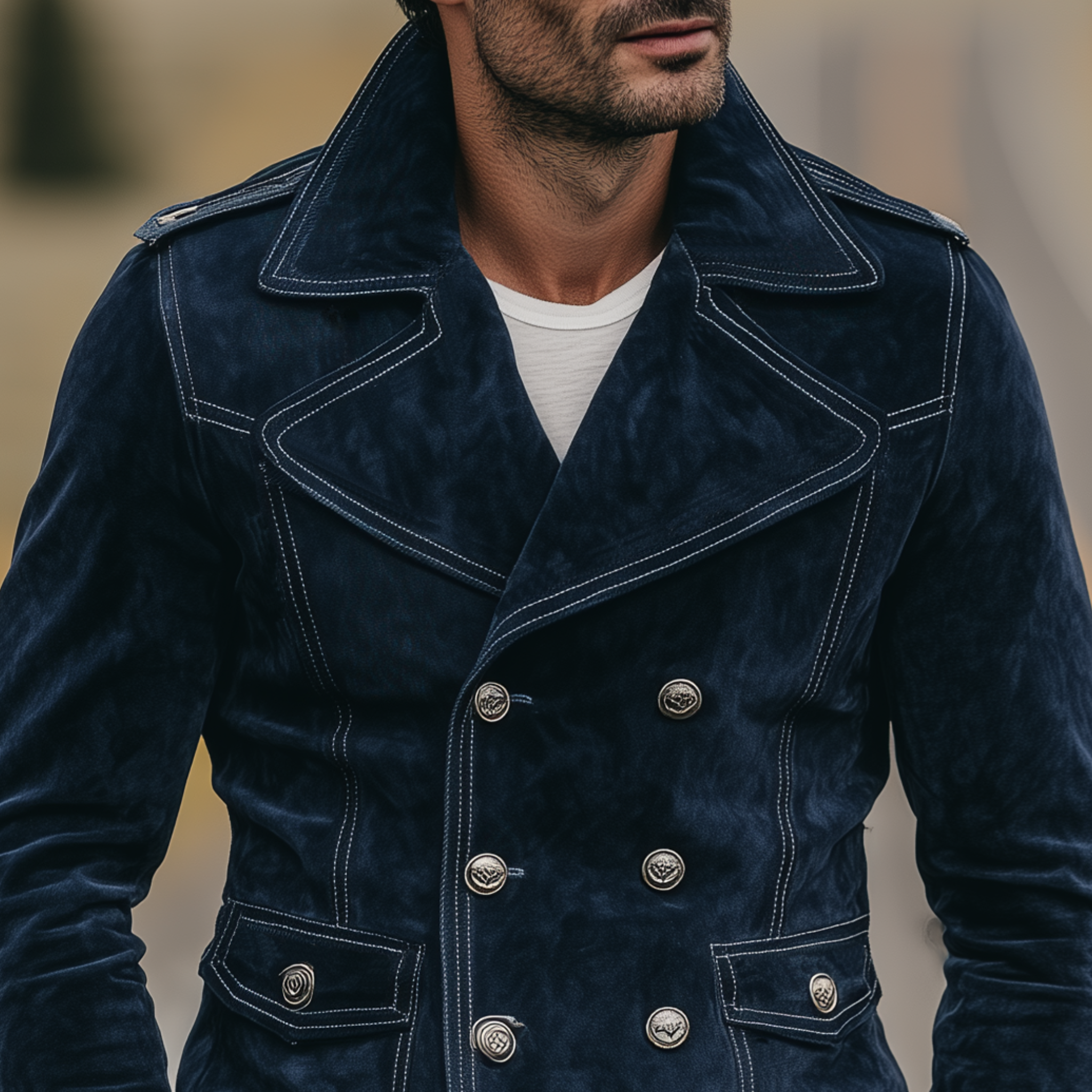 Men's Classic Vintage Western Style Lapel Suede Double Breasted Jacket MTA1889H9K