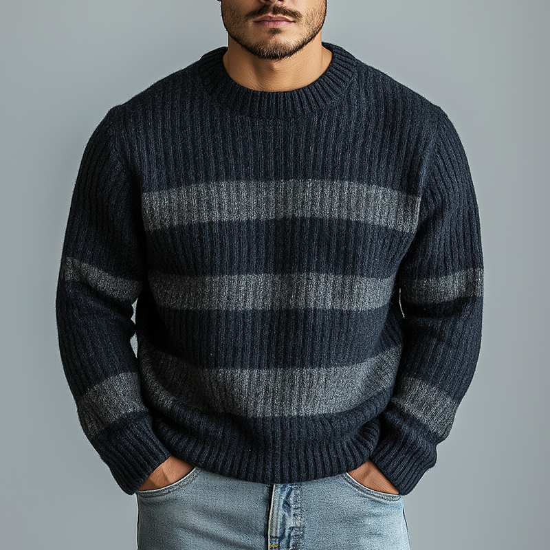 Men's Winter Retro Striped Cotton Yarn Knit Crew Neck Sweater MTA1444K4P