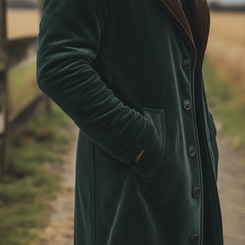 Men's Winter Retro Color-blocked Corduroy Long Button Coat MTA0595K4P