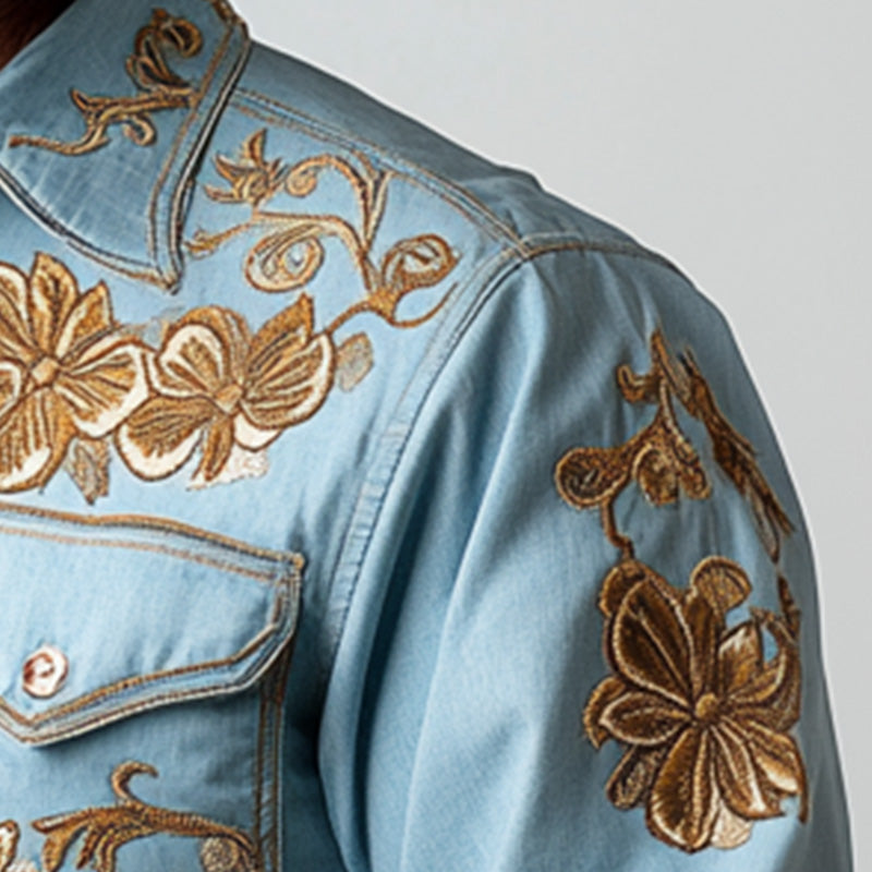 Men's Summer Western Cowboy Style Thin Denim Embroidered Long-Sleeved Shirt MTA2847D4P