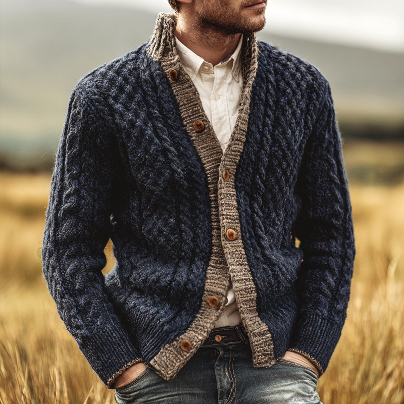 Men's Colorblock Knit Stand Collar Single Breasted Cardigan MTA3004H1Z