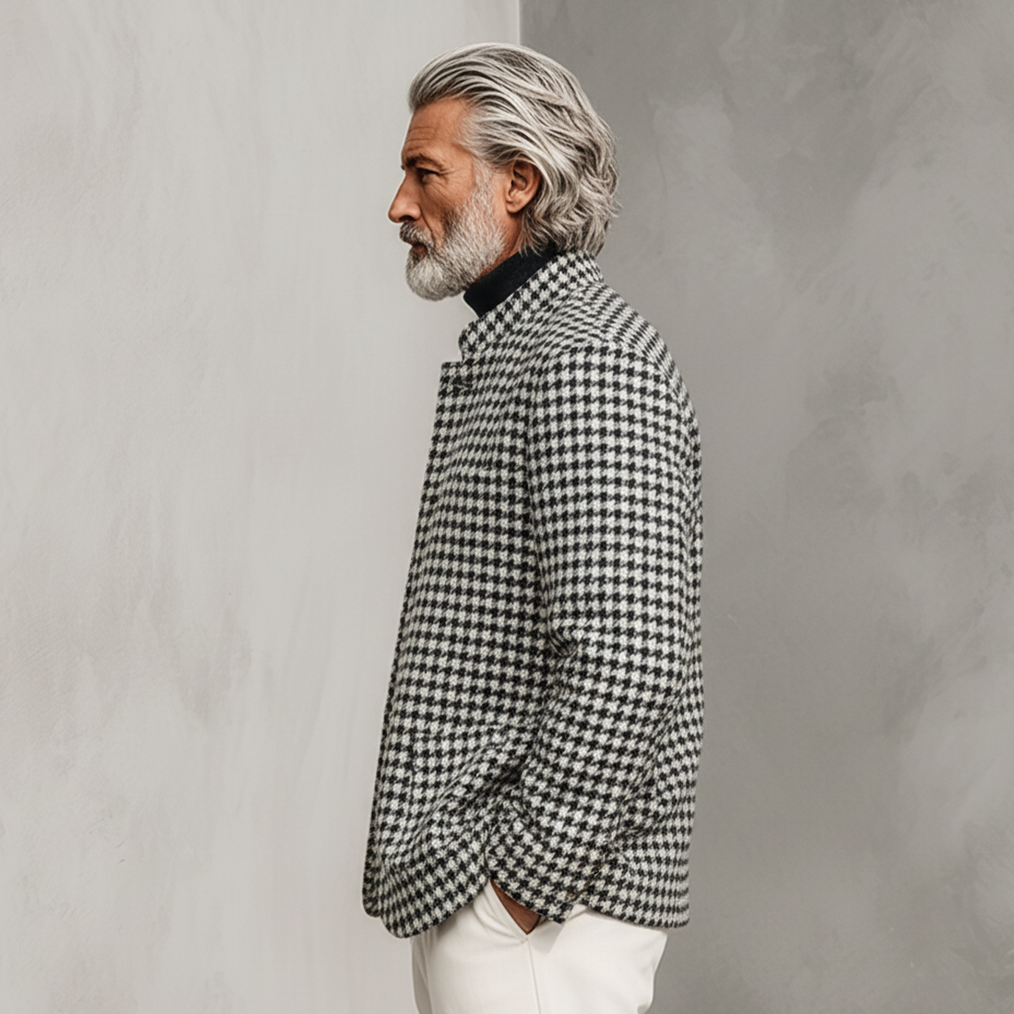 Men's Classic Casual Stand Collar Faux Houndstooth Wool Jacket MTA0538K8K