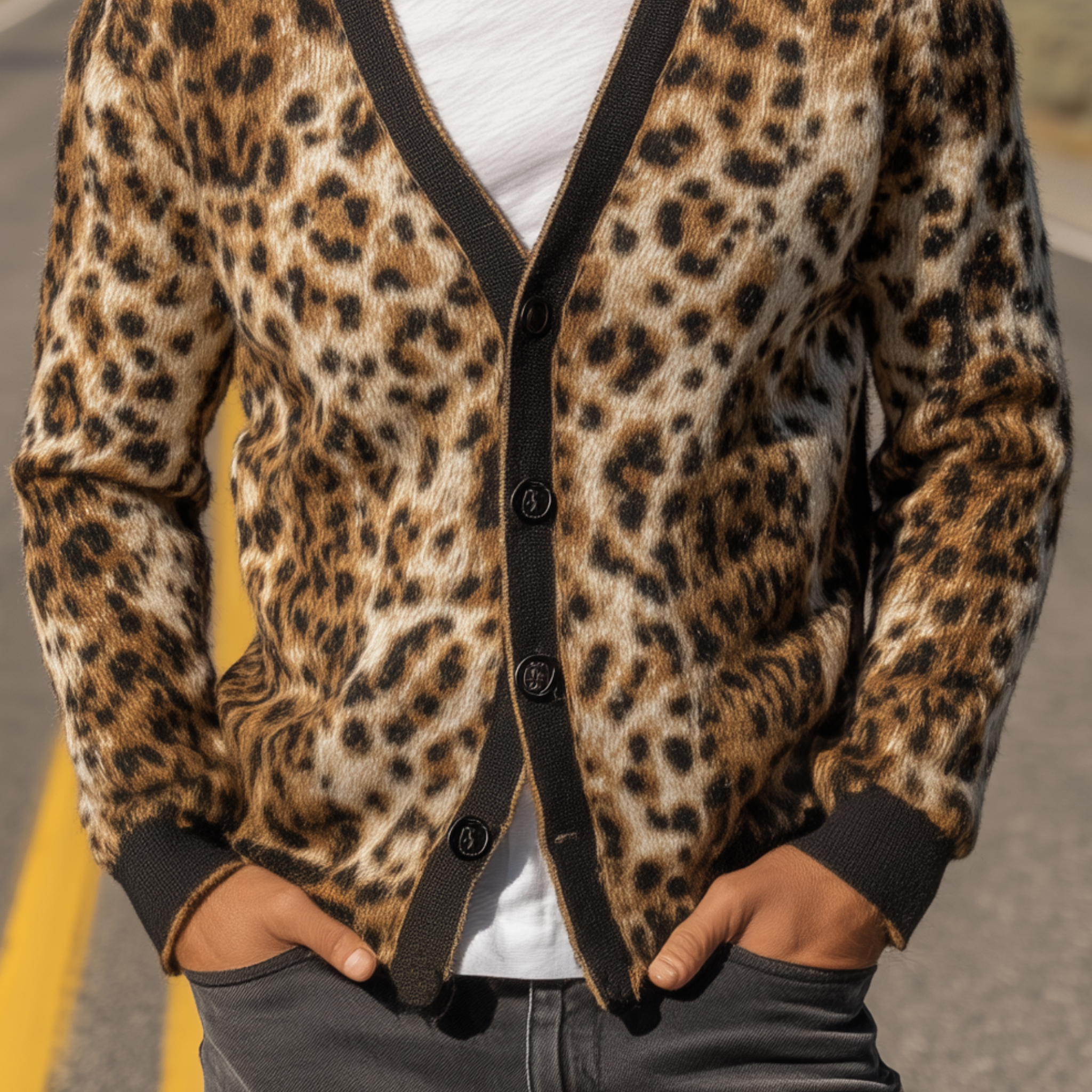 Men's Classic Vintage Leopard Mohair Knitted Slim Fit Cardigan MTA0807H7K