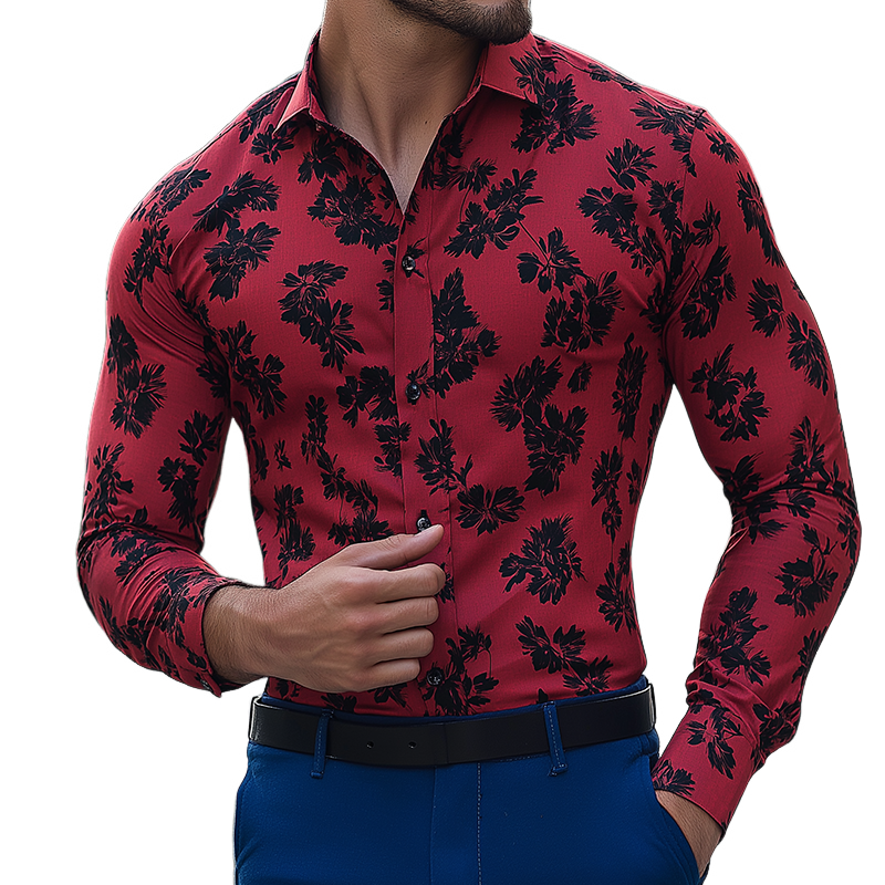 Men's Retro Casual Floral Print Lapel Long Sleeve Shirt MTA1379H2TO