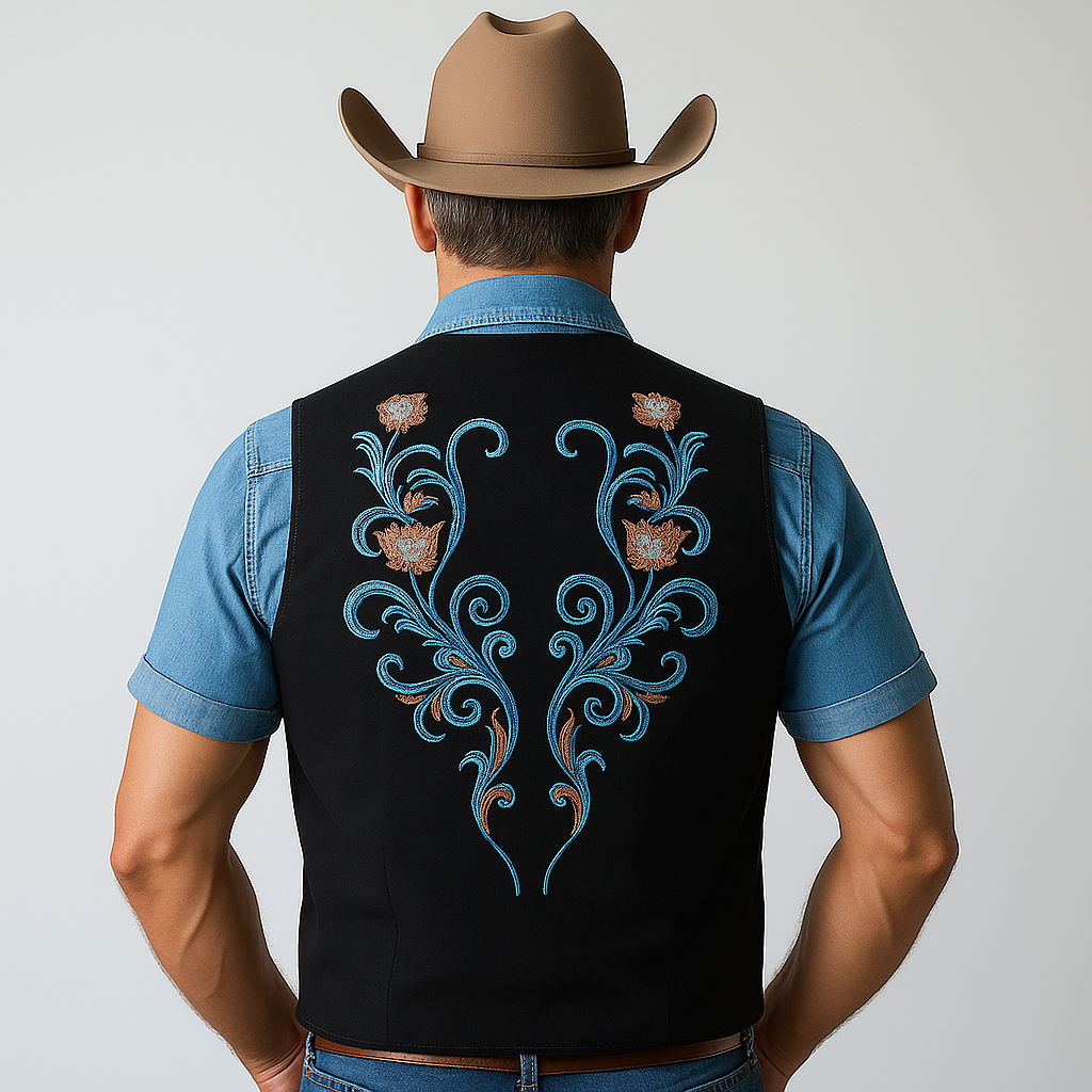 Men's Summer Western Cowboy Style Embroidered Thin Denim Vest MTA1472E2P