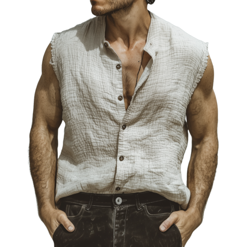 Men's Casual Solid Color Breathable Pleated Cotton Stand Collar Loose Raw Edge Sleeveless Shirt MTA2455F9M
