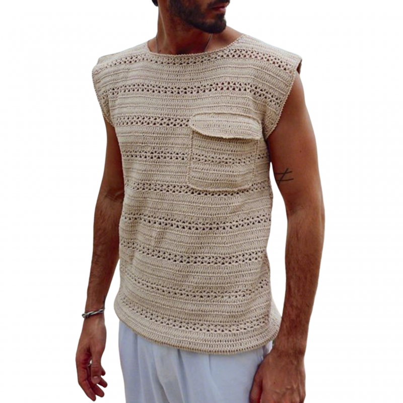 Men's Casual Elegant Solid Color Hollow Jacquard Loose Knitted Tank Top MTA0406G6M