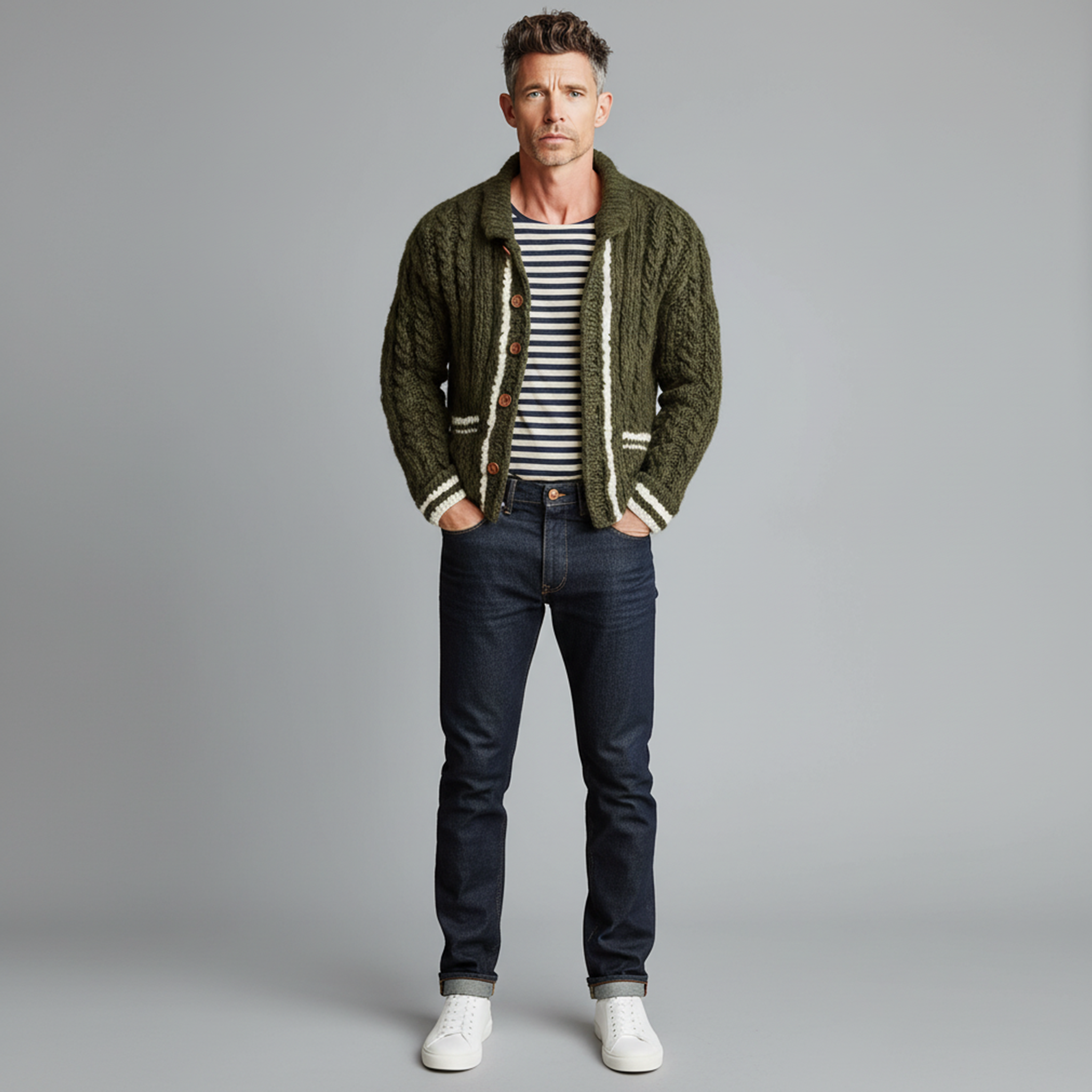 Men's Casual Fashionable Lapel White And Green Contrast Knitted Cardigan MTA1714J9K