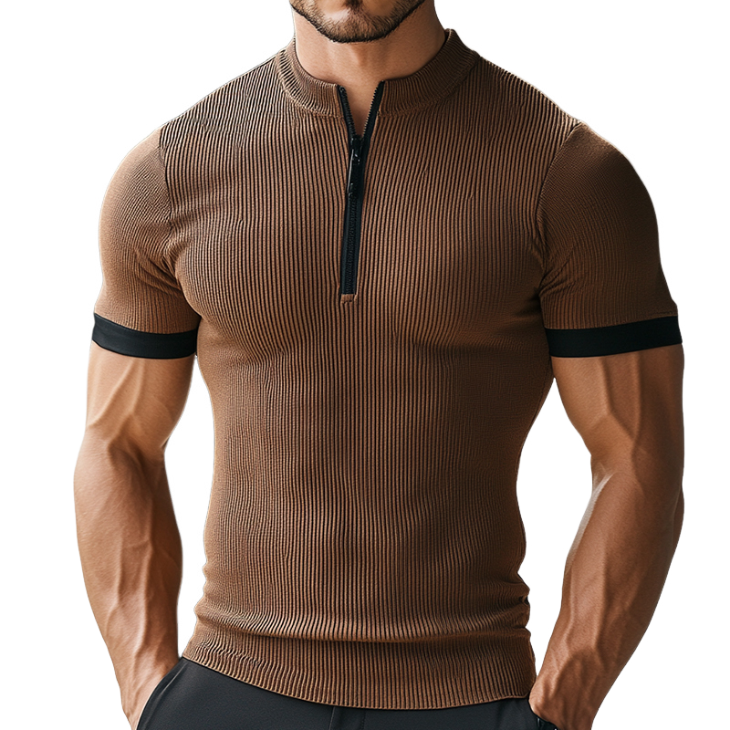 Men's Retro Casual Zipper Stand Collar Short Sleeve T-Shirt 95839198TO