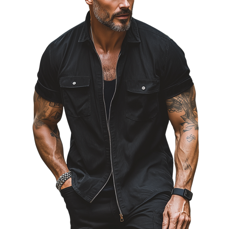 Men's Summer Classic Lapel Zipper Denim Short Sleeve Shirt MTA2093F4U