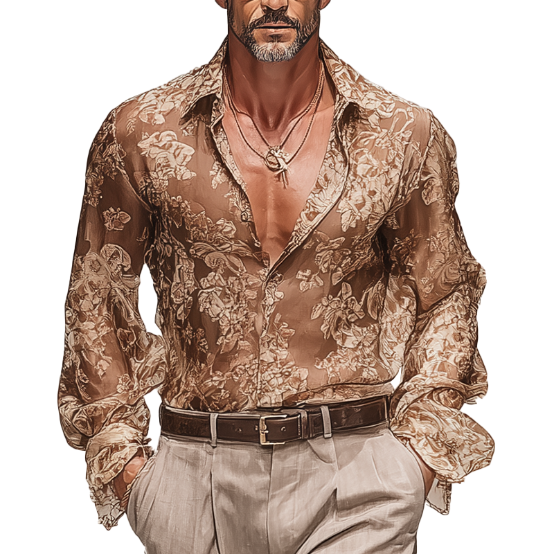Men's Vintage Printed Chiffon Long Sleeve Shirt MTA1858G0P