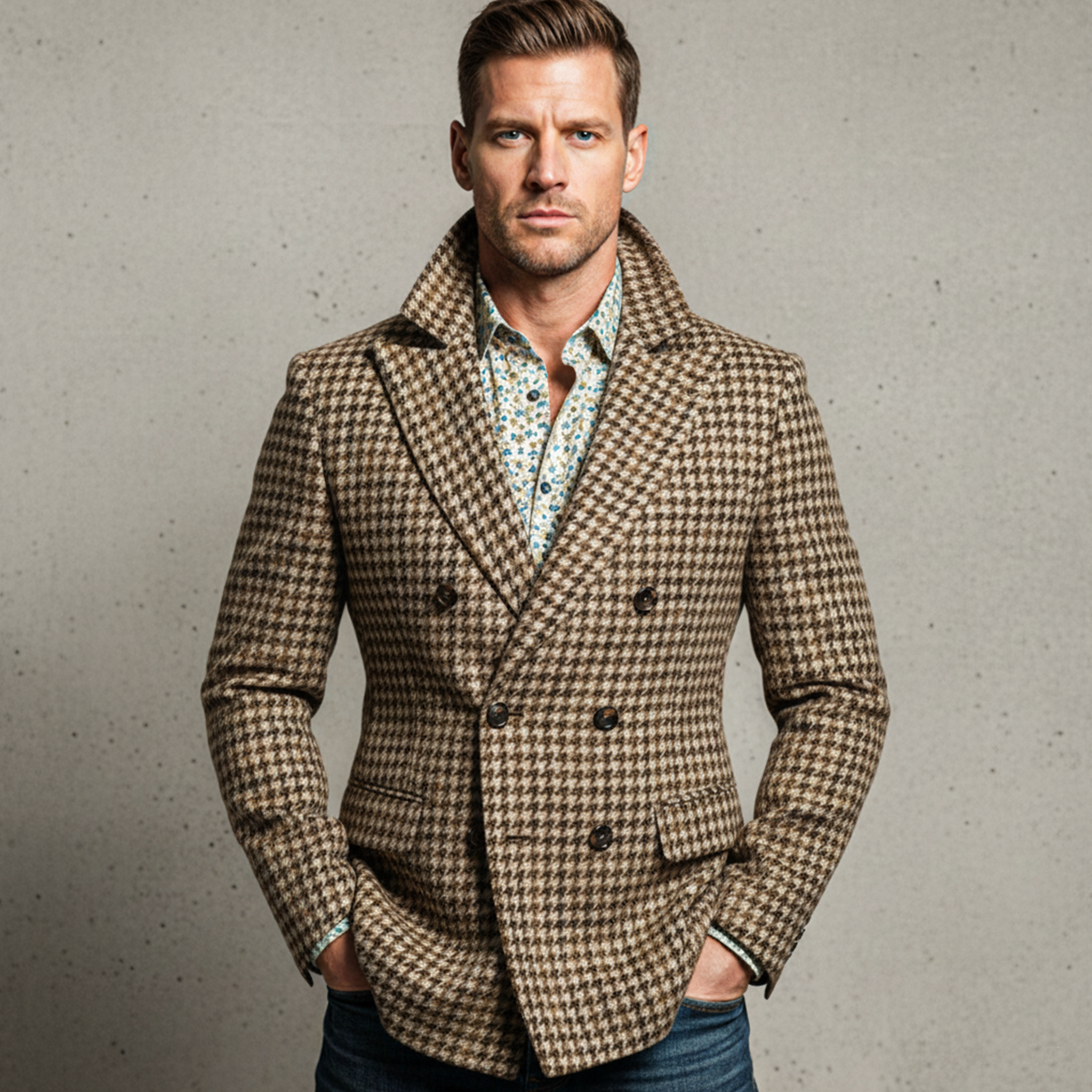 Men's Classic Retro Double-breasted Slim-fit Houndstooth Faux Wool Suit Coat MTA2309I1K