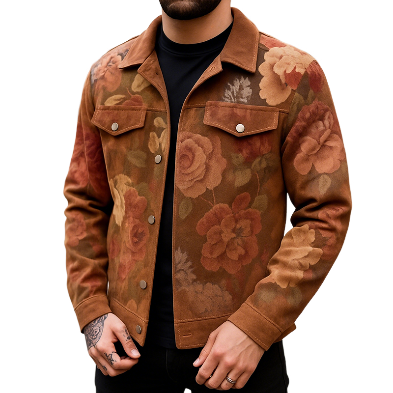 Men's Vintage Casual Floral Print Suede Lapel Jacket MTA0843H1TO