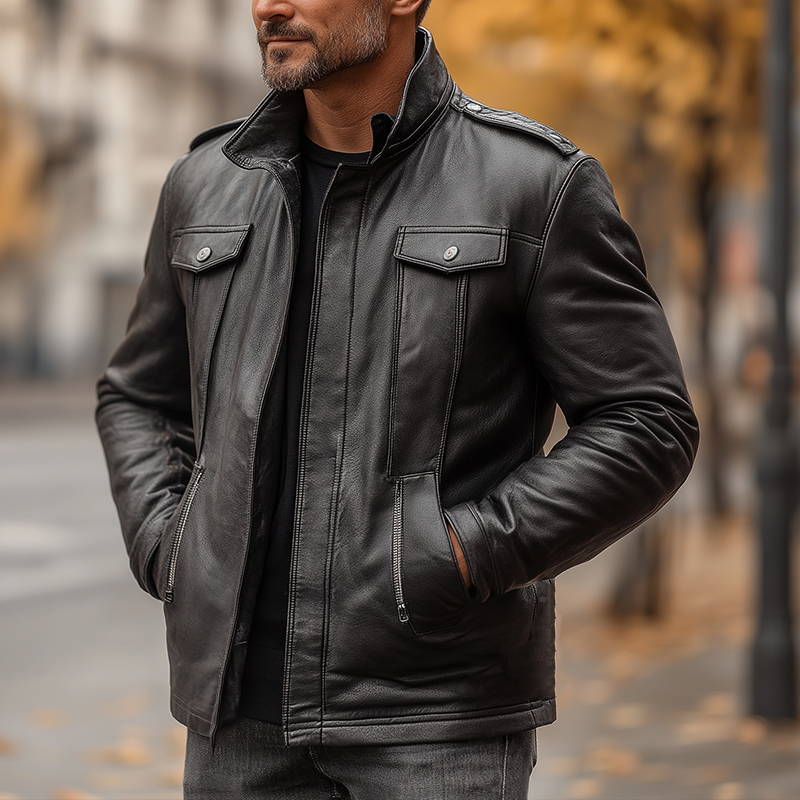 Men's Vintage Stand-collar PU Faux Leather Button-up Jacket MTA1625L0P