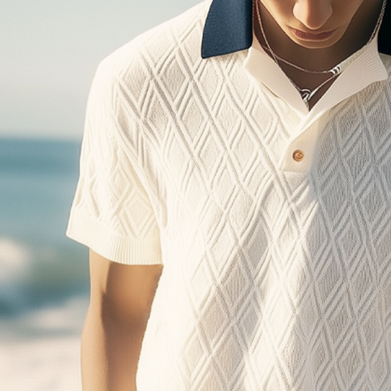 Men's Summer Diamond Jacquard Knitted Polo Neck T-Shirt MTA3099F0U