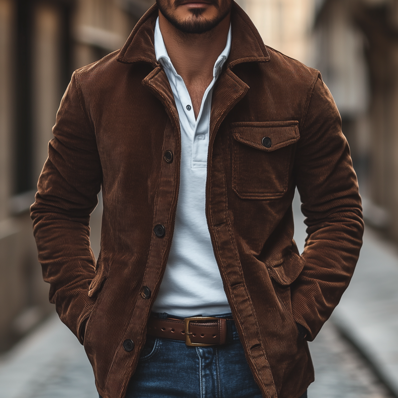Men's Vintage Solid Color Corduroy Lapel Single-breasted Loose Cargo Jacket MTA1804H6M