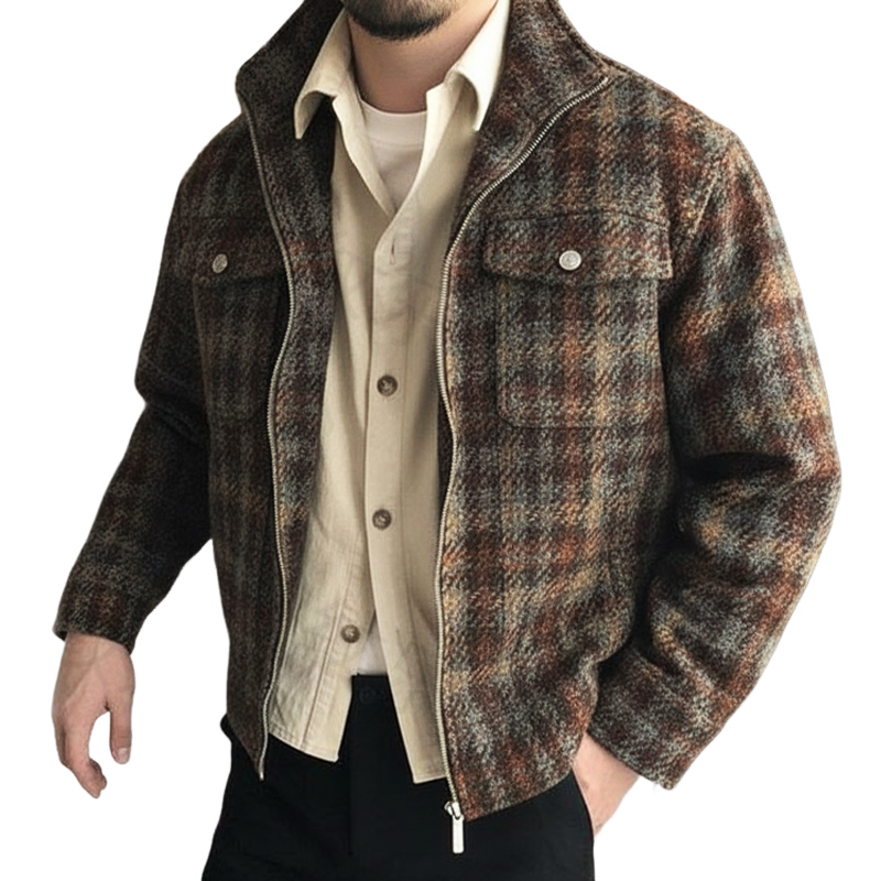 Men's Vintage Plaid Faux Woolen Zipper Stand Collar Jacket MTA1393J9U