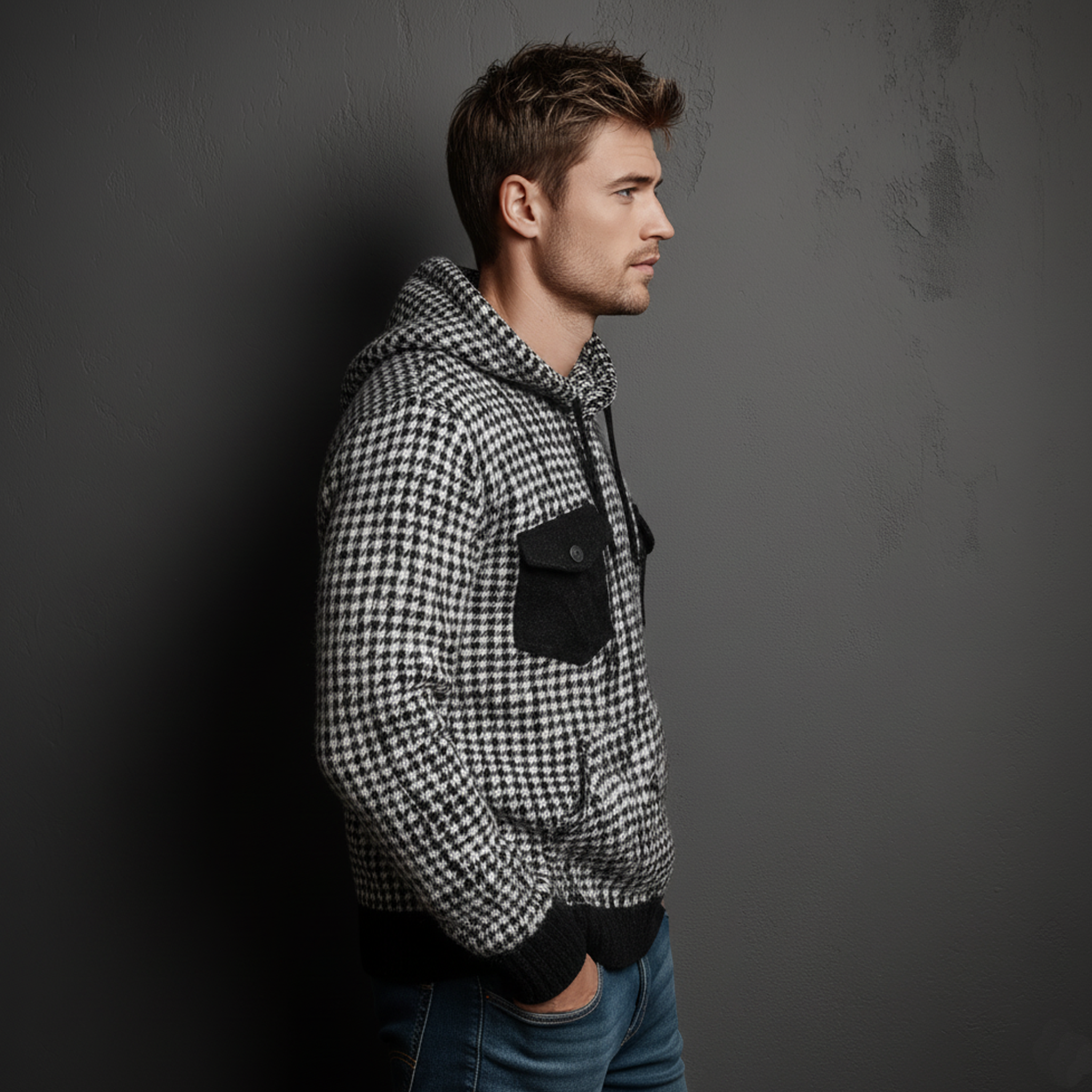 Men's Classic Casual Houndstooth Hooded Loose Sweater MTA1070J8K