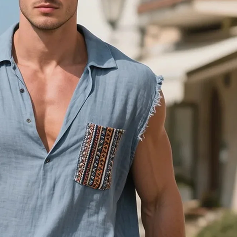 Men's Cotton And Linen Embroidered Chest Pocket Polo Collar Raw Edge Sleeveless Shirt MTA0403G9Y