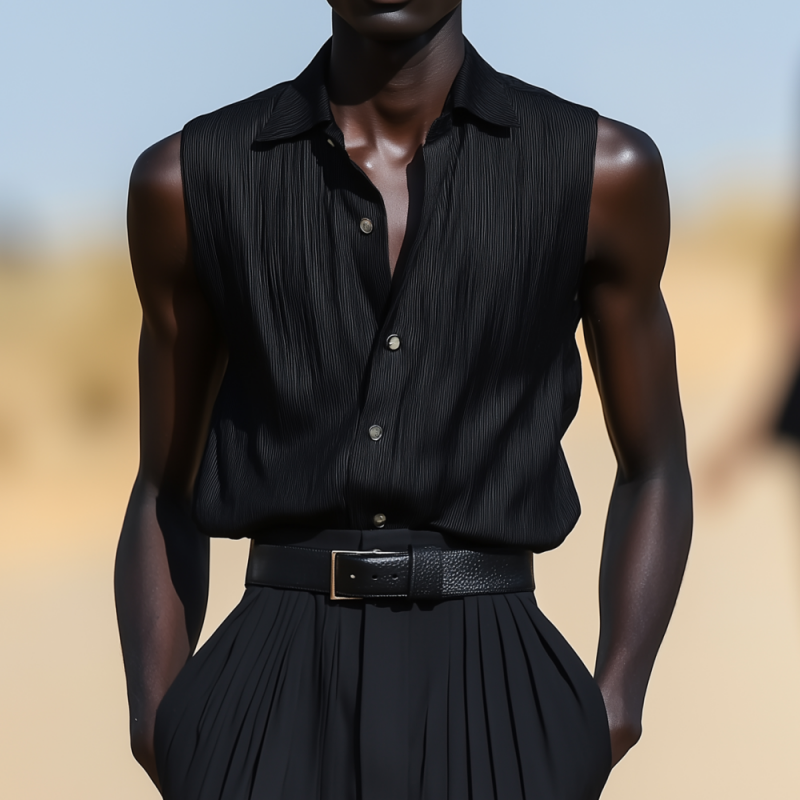 Men's Fashion Solid Color Striped Lapel Loose Sleeveless Shirt MTA2428F3M