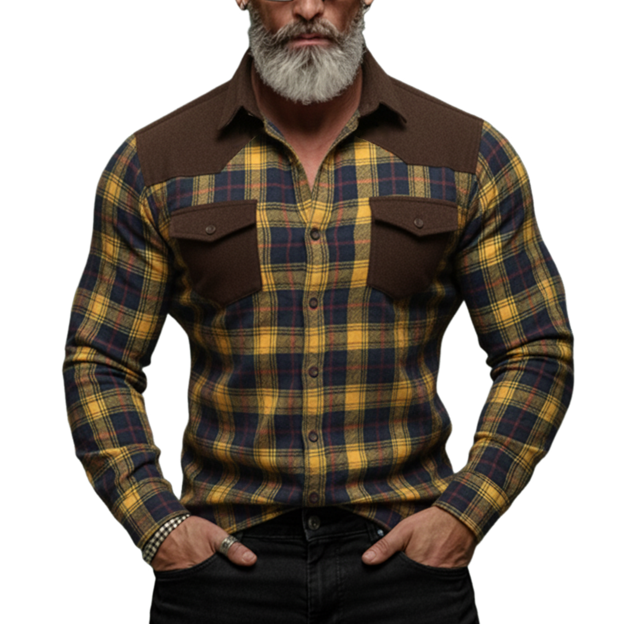 Men's Classic Casual Rugged Style Patchwork Faux Suede Slim-fit Plaid Brushed Long-sleeved Shirt MTA1370K5K
