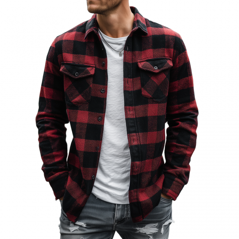 Men's Vintage Cotton Blend Contrast Plaid Lapel Flap Pocket Slim Fit Long Sleeve Shirt Jacket MTA2945G8M