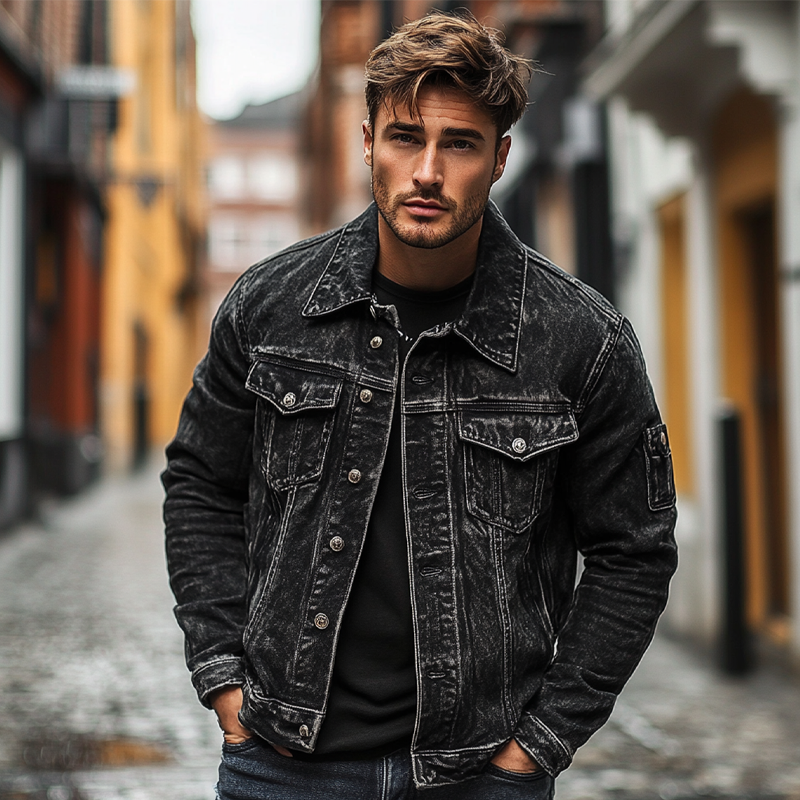 Men's Vintage Washed Distressed Lapel Denim Jacket MTA2523H4X